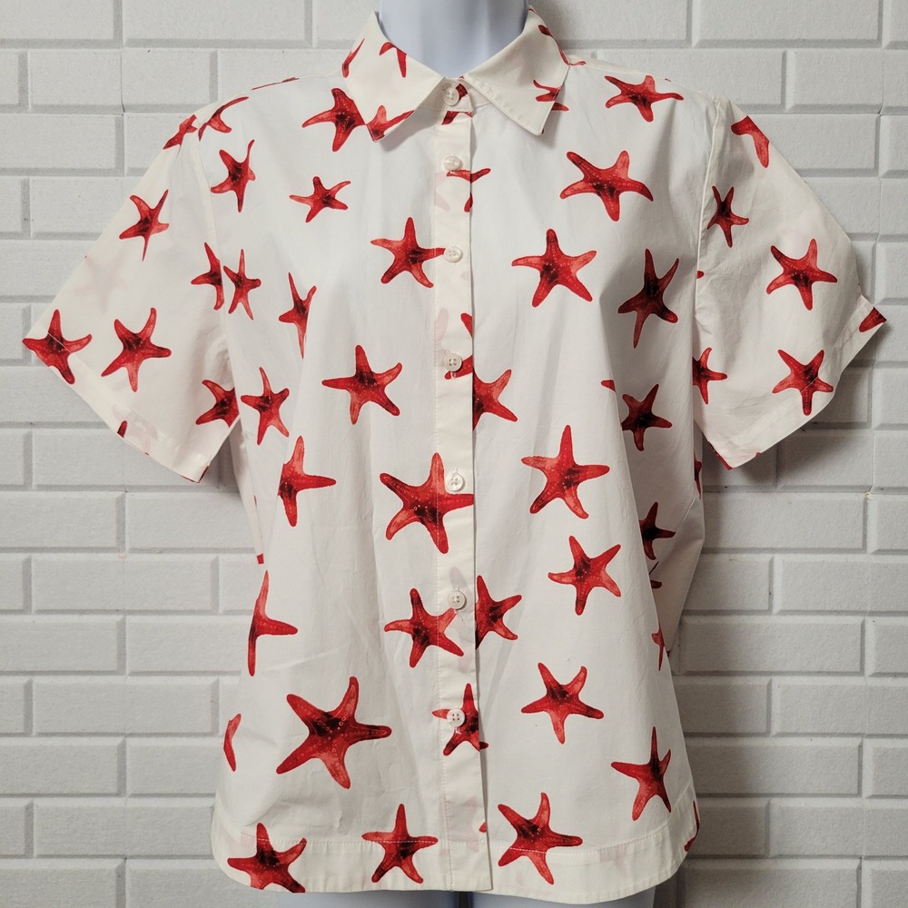 Chicos Starfish Print Button Up Swing Shirt Size 1 White Red Nautical Blouse